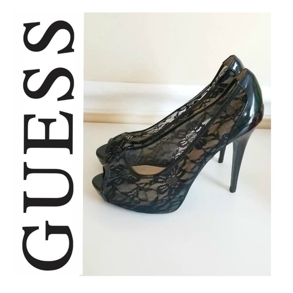 Guess Shoes - GUESS BLACK LACE PEEP TOE HEELS SZ 8.5 EUC